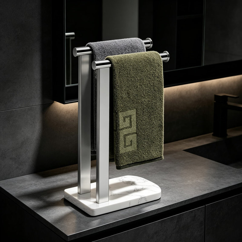 Porte-serviettes sur pied avec base en marbre, en acier inoxydable SUS304, en forme de L, double porte-serviettes pour salle de bain, comptoir ou évier de cuisine, base antidérapante.