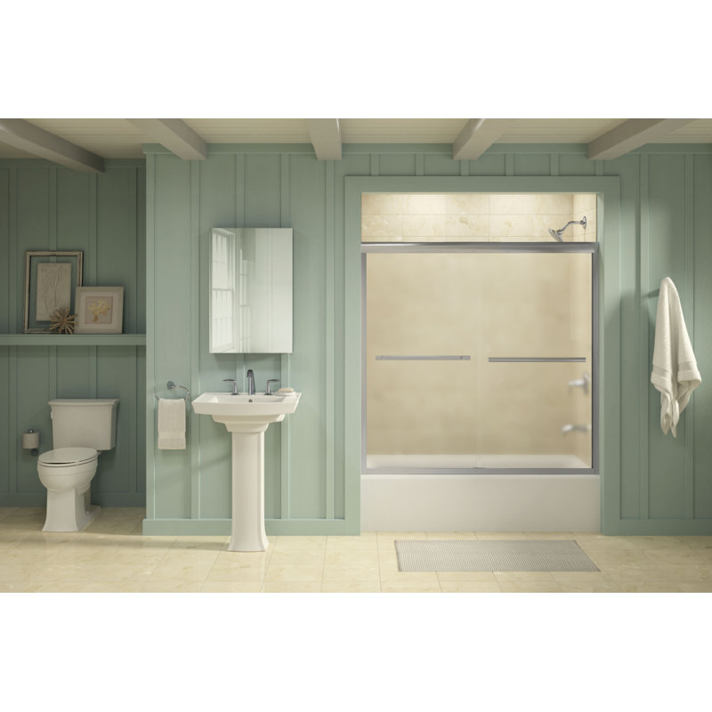 Porte de bain double coulissante l 59,63" x h 58,06" avec technologie cleancoat®, Givré, Argent poli brillant