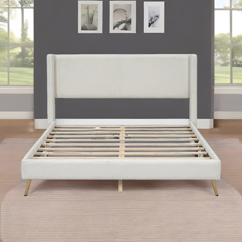 Grand lit plateforme en velours côtelé Andrimont, Beige
