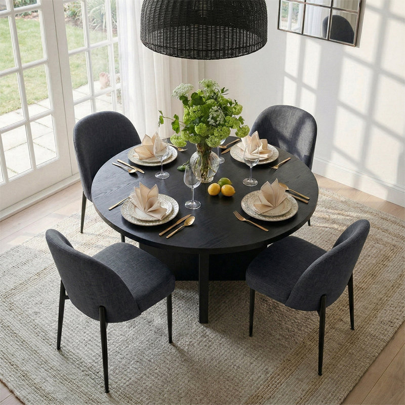 Ensemble de salle à manger rond noir moderne avec 4 chaises rembourrées, Ensemble de cinq pièces : table, quatre chaises