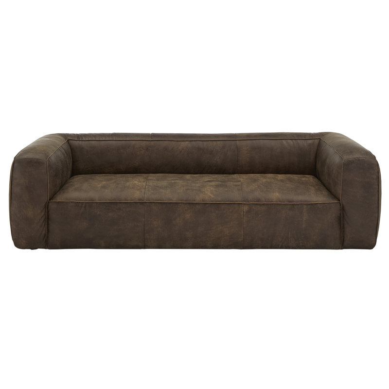 Dupo 94" Genuine Leather Tuxedo Arm Sofa, Brown Genuine Leather, Black