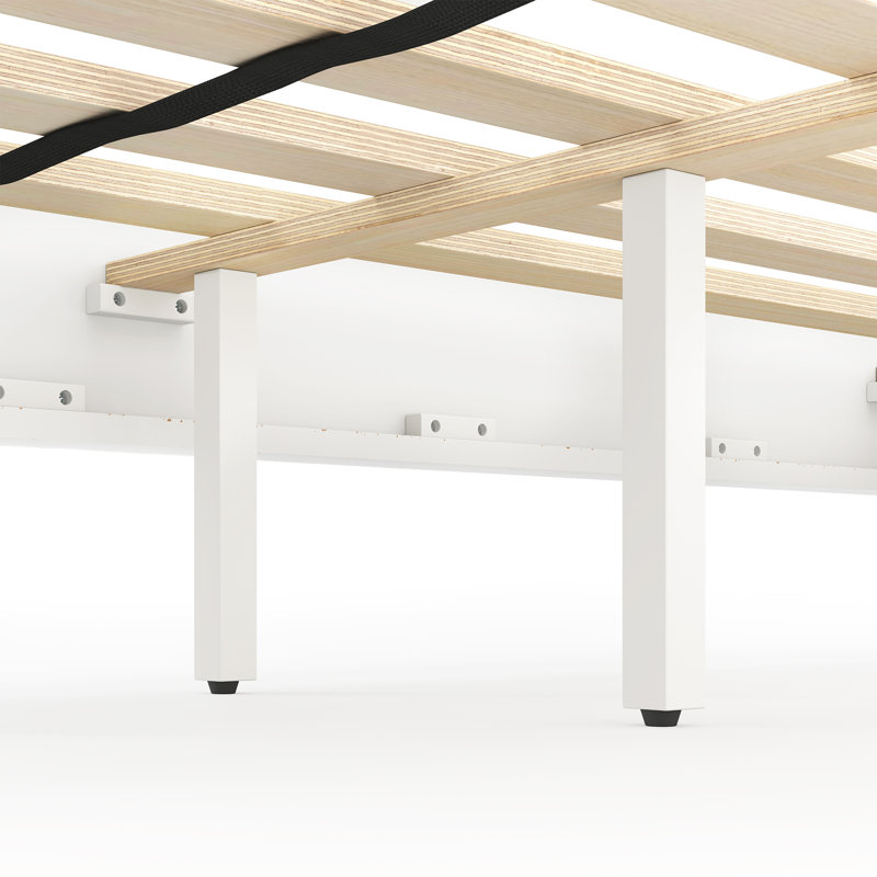 Mid-Century Modern Solid Wood Platform Bed with Cross-patterned Headboard, Queen, Distressed White