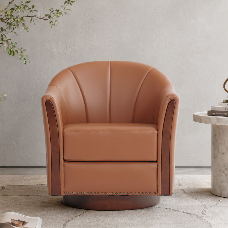 28"W Modern Vegan Leather Swivel Barrel Chair with Solid Wood Base, Brown