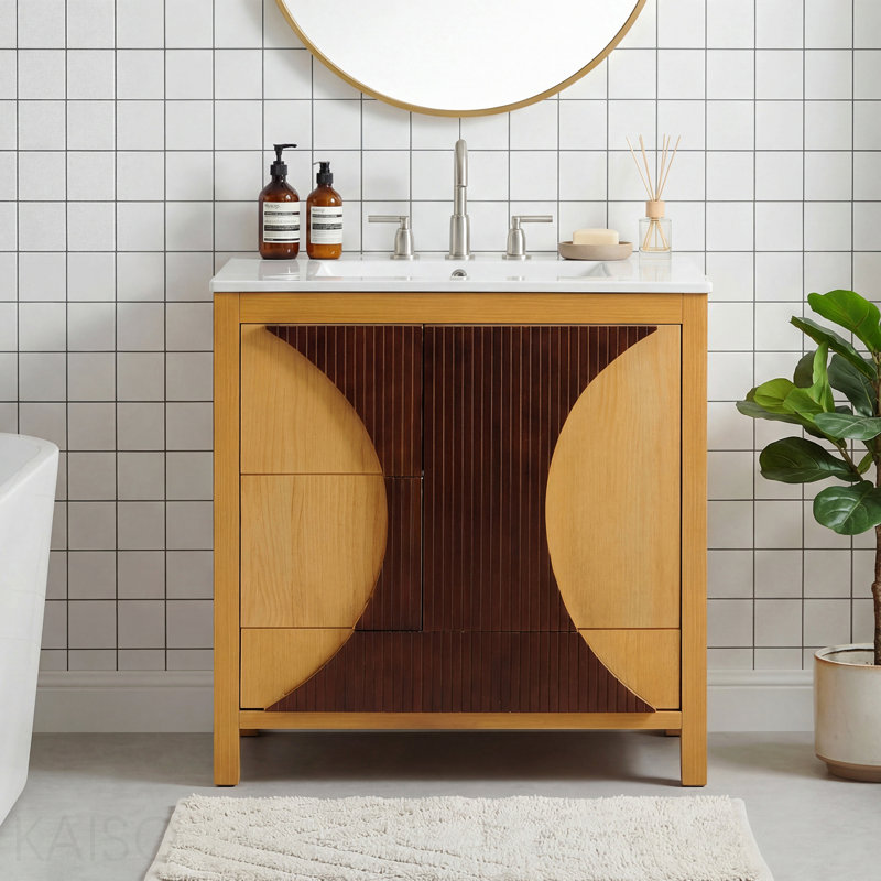 Meuble-lavabo de style moderne Mid-Century 30 po avec lavabo - Armoire autoportante en bois artistique avec 3 tiroirs et porte à fermeture en douceur, panneau à cannelures bicolore