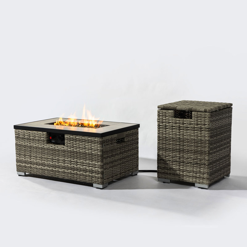 Beige Rattan and Steel Rectangular Propane Fire Pit Table