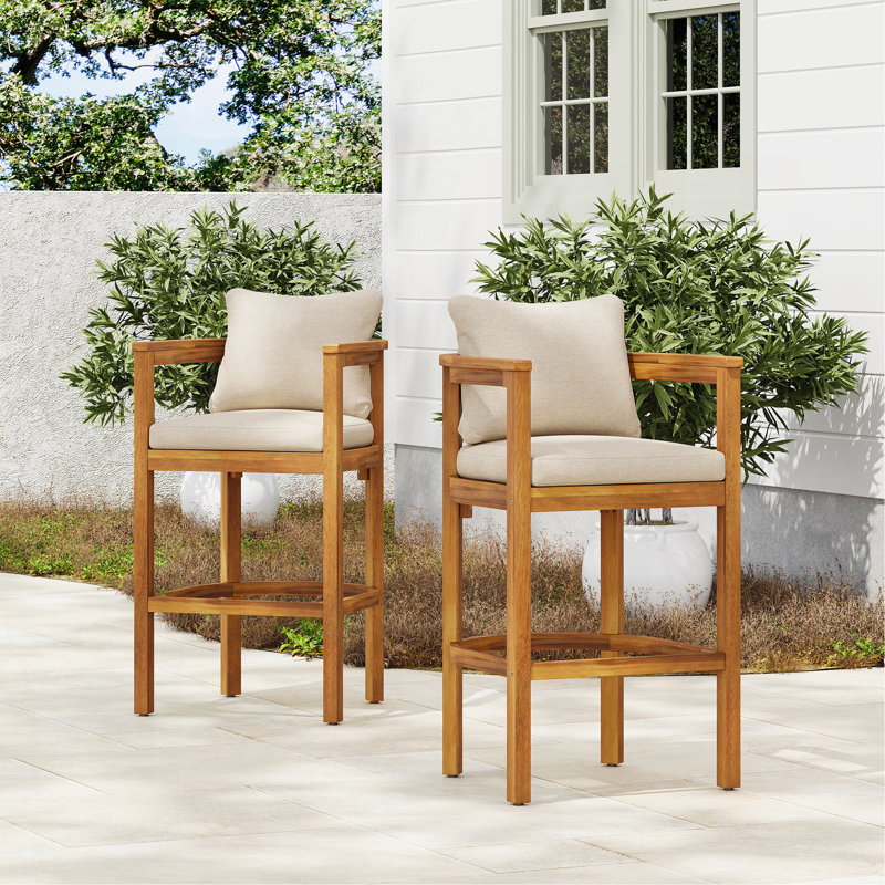 Abaco Outdoor Barstool, Teak Finish Wood With Beige Cushion, Set Of 2
