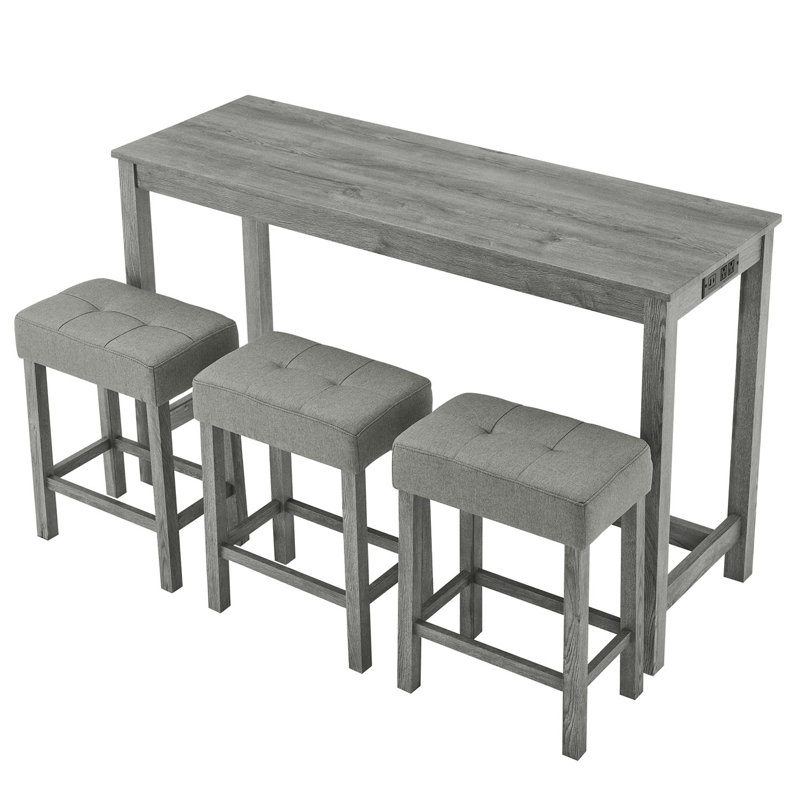 59" W Bar Table Set With Power Outlet, 3 Cushioned Stools, Grey