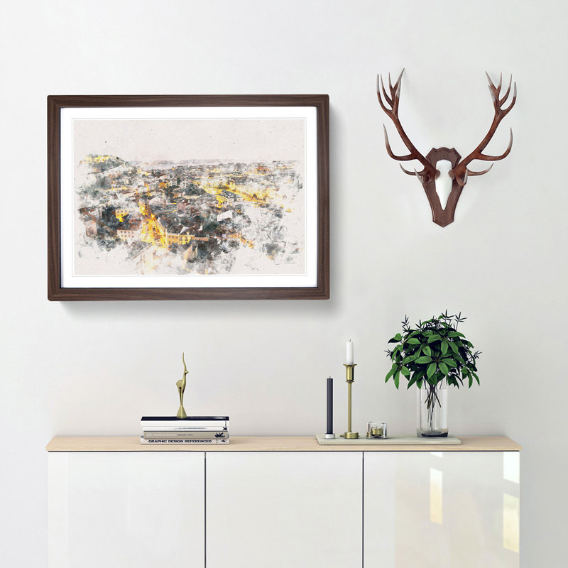 Lisbon Portugal Watercolour - Picture Frame Graphic Art Print, 33cm H x 45cm W x 2cm D, Walnut Framed