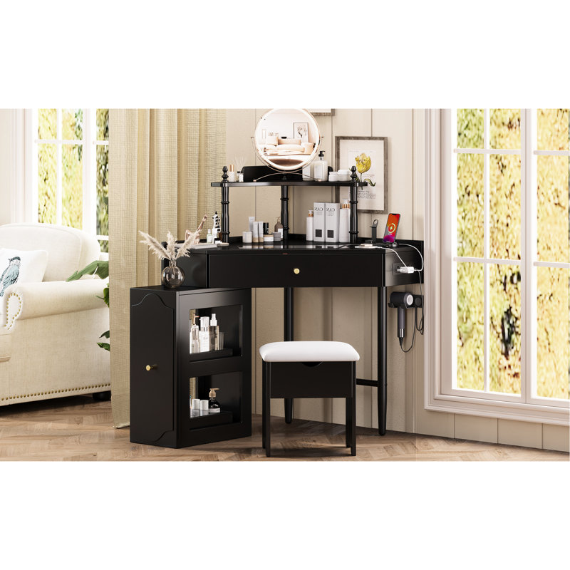 Corner Vanity Desk With Charging Station, Glass Tabletop, Removable Cabinet And Storage For Organized Beauty Makeup Routine Black Cushioned Stool, Tabletop Jewelry Drawer