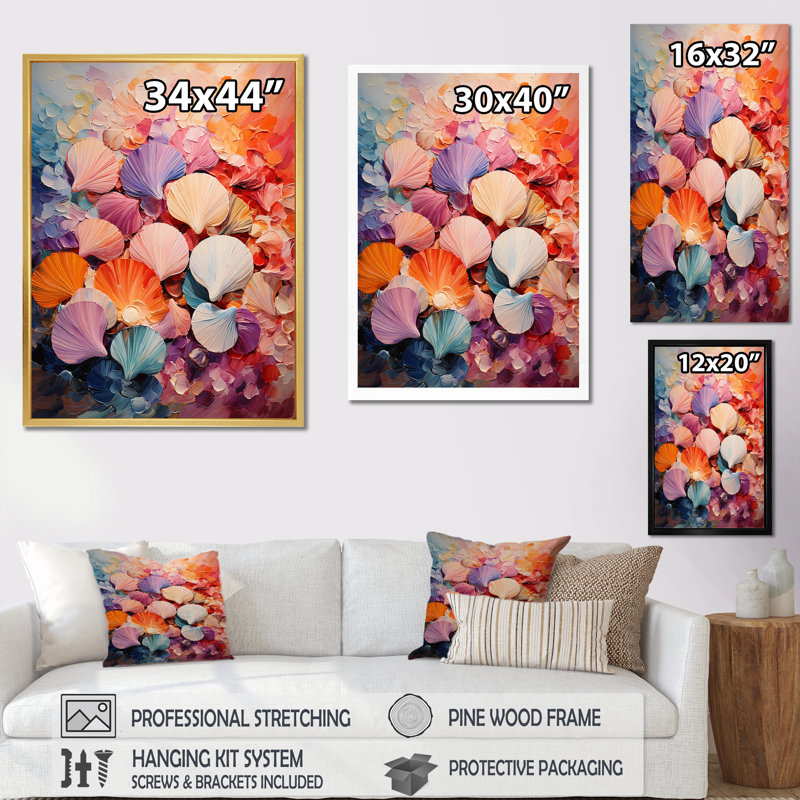 «Seashells Wonders On The Coast On», reproduction sur toile, Cadre simple argenté, H 40 po x l 30 po x P 1,5 po