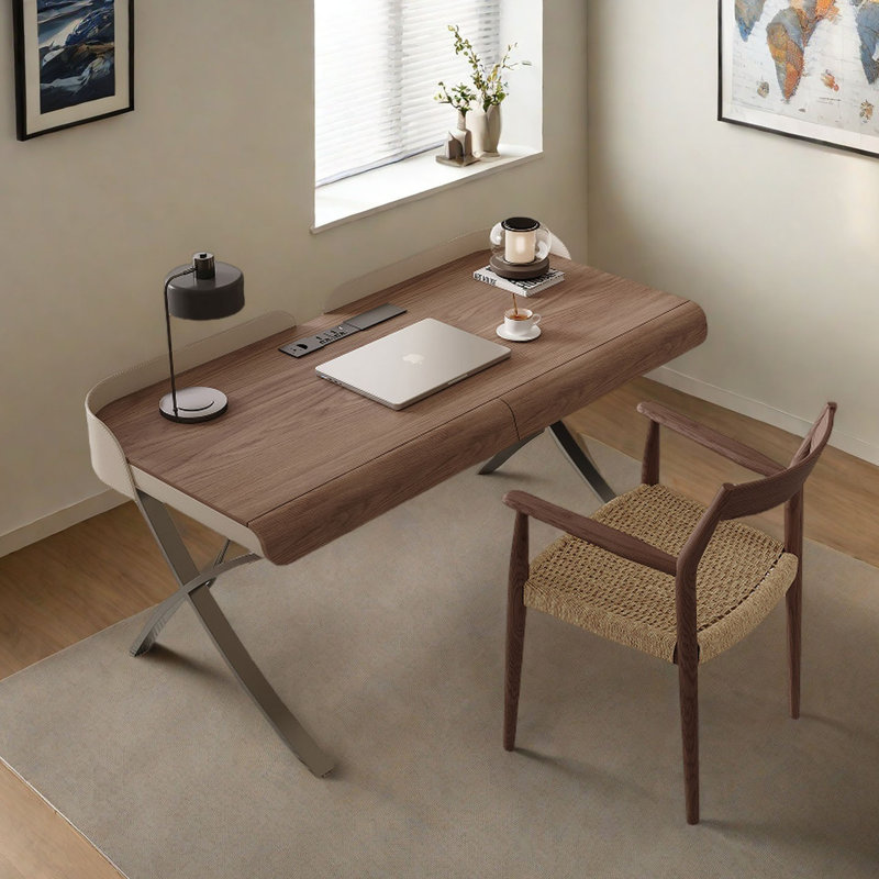 Bureau italien minimaliste italien: métal, bois, H 32,3 po x l 70,9 po x P 27,6 po