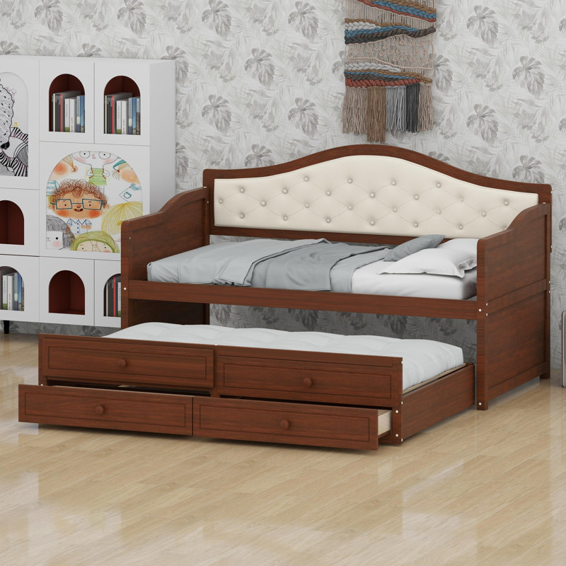 CanapÃ©-lit multifonctionnel avec lit gigogne, tiroirs de rangement et motif capitonnÃ© pour les espaces de vie, Walnut