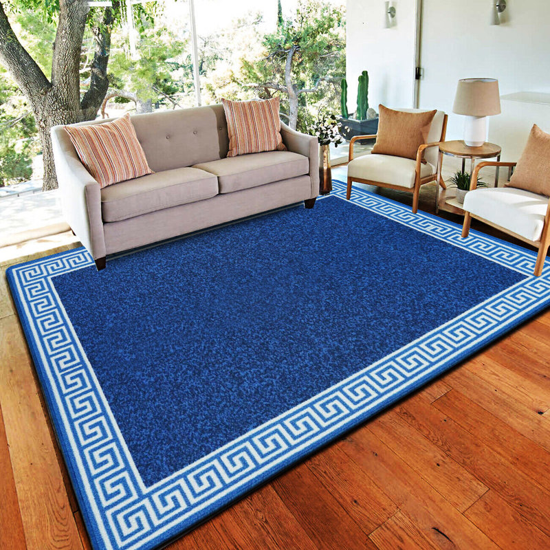 Plain Rug with Greek key Bordered Gel backed Rug Allorah Blue/Cream Rug, Rectangle 66 x 120cm