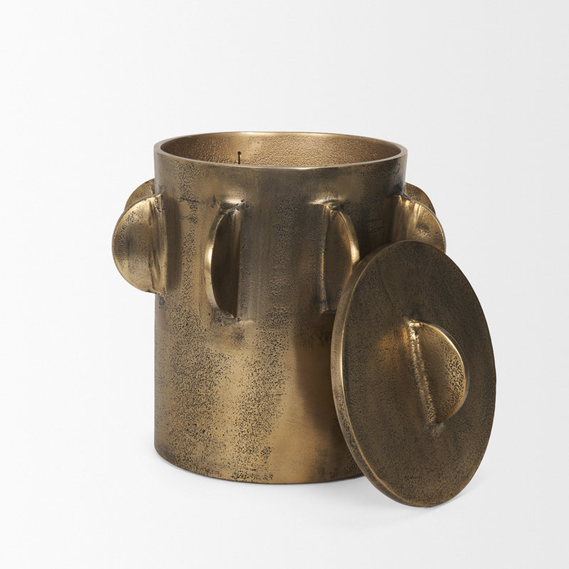 Grand contenant métallique Deacon avec poignées sculpturales, H 10 po x l 9,4 po x P 9,4 po, Laiton antique