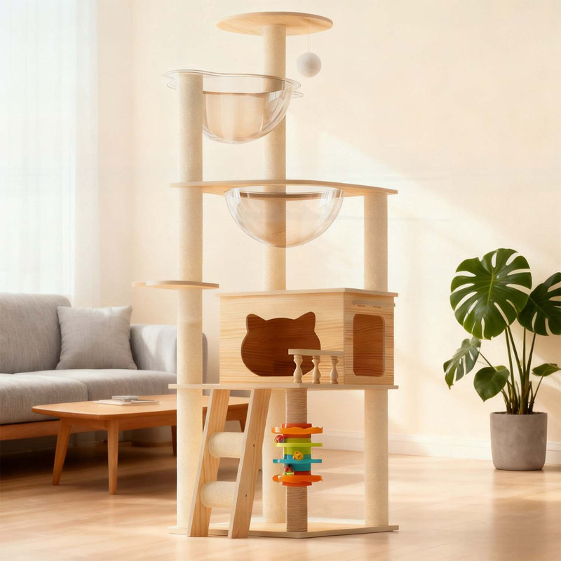 Tour à chat 59 po en bois moderne avec poteaux à griffer en sisal, perchoir supérieur et hamac en acrylique pour chats d'intérieur de toutes tailles