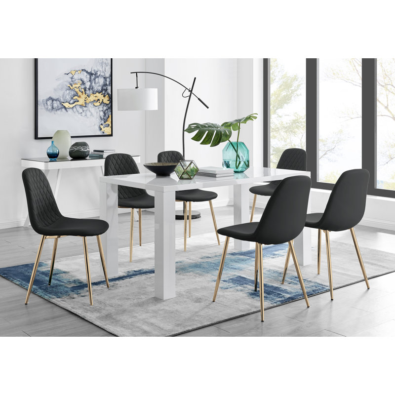 Ensemble de table de salle à manger rectangulaire 6 places avec chaises rembourrées en similicuir Eubanks, Noir