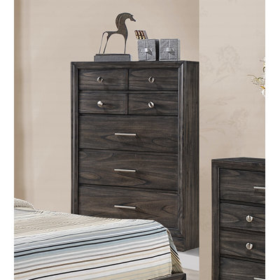 1Pc Contemporary Dark Wood Grain Finish Metal Knobs Storage Drawers Tall Chest Wooden Grey