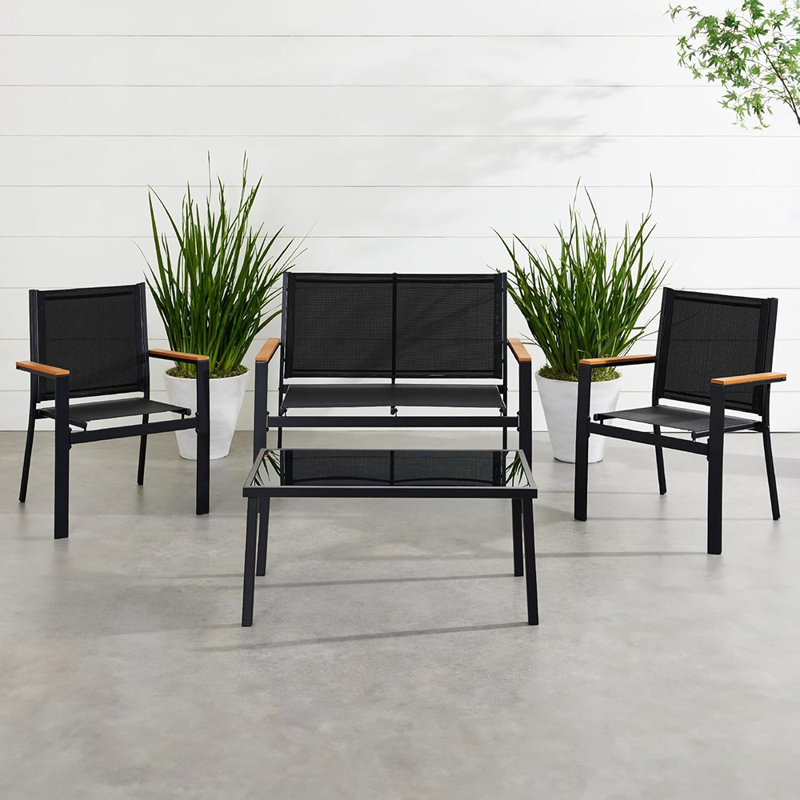 Ensemble de conversation d'extérieur 4 pièces PVC-coated polyester, meubles de jardin avec causeuse, table basse, structure en acier