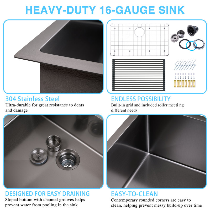 30 in. Drop-In/Undermount Single Bowl 16 Gauge Brushed 304 Stainless Steel Kitchen Sink with Accessories, Gunmetal Black