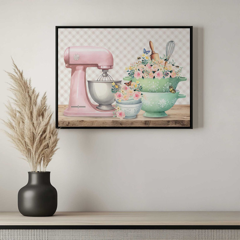 «In the Kitchen Mixer & Colanders» par Nicole DeCamp, reproduction d'art, Toile avec cadre, L 16 po x H 12 po, Blanc