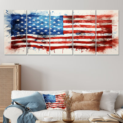 Watercolor American Flag I - Flag Usa 5 Piece Wall Art Decor