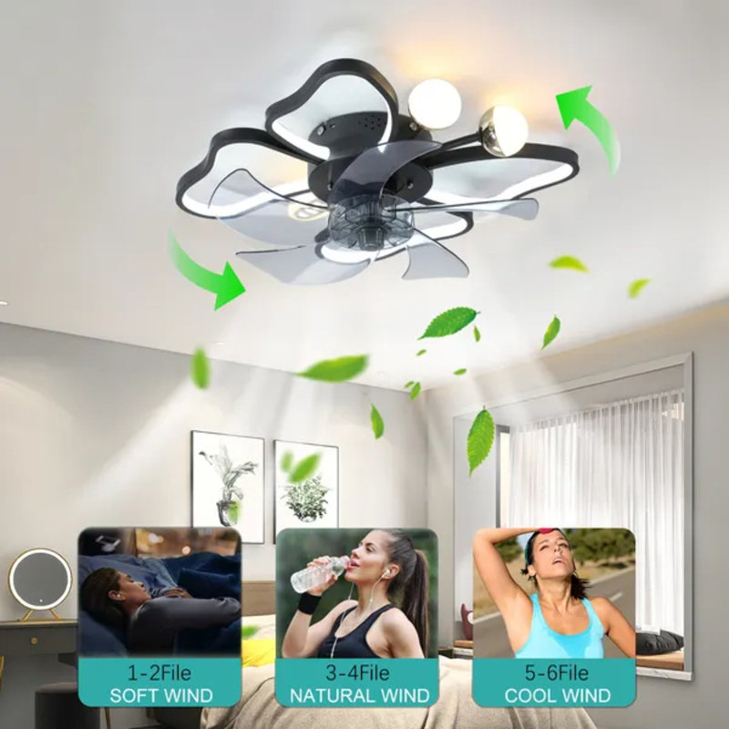 Ventilateur de plafond 19,7 pouces à conception papillon moderne avec lumières et télécommande, noir, silencieux avec fonction de minuterie pour la chambre à coucher et le salon