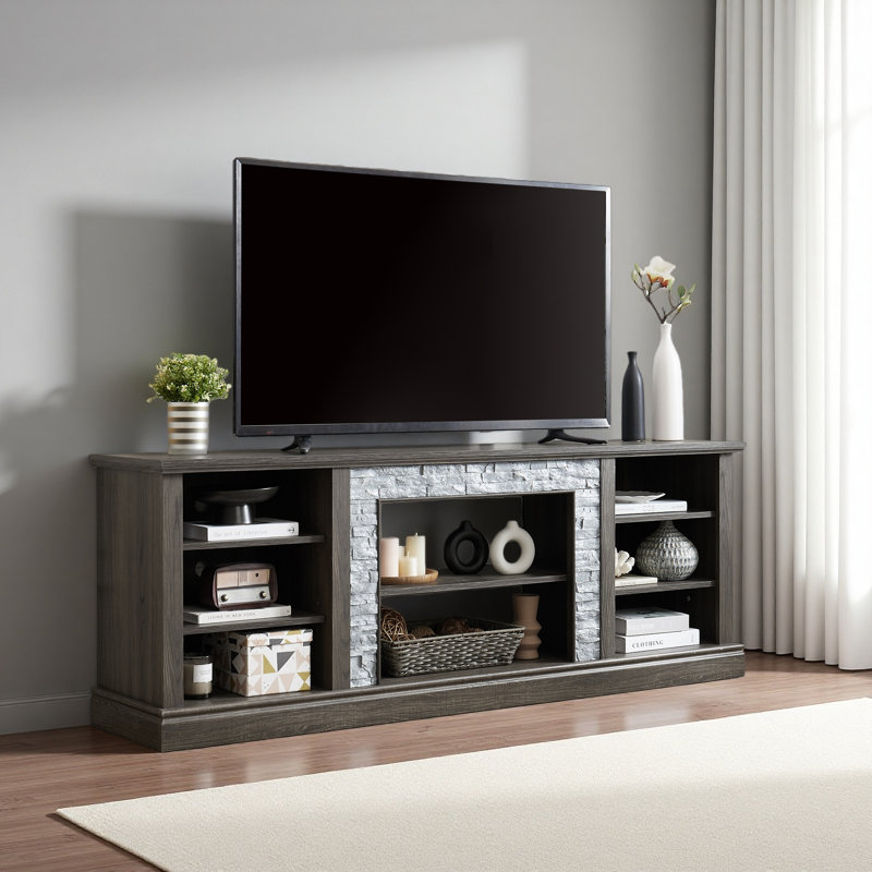 Large TV Desk Storage Rack With Faux Stacked Stone Surround,Media Console Table With Large Storage Cabinet,Modern TV Media Entertaionment Stand