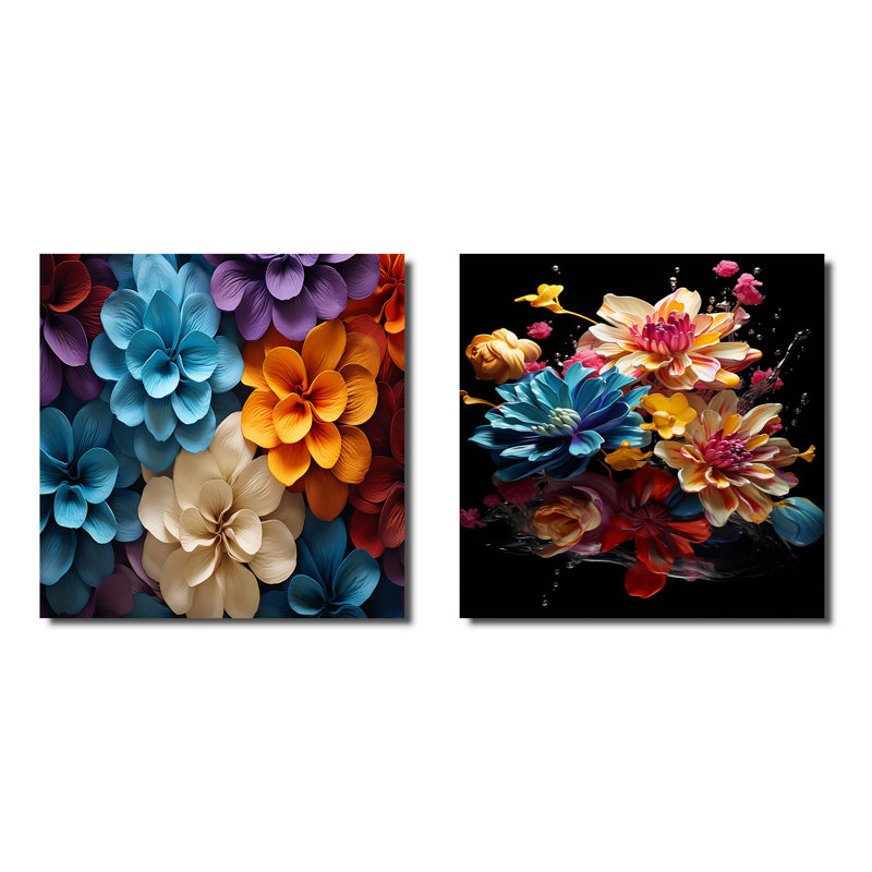 Natures mortes abstraites colorées - ensemble de 2 collages carrés abstraits, H 16 po x l 33 po, Toile tendue