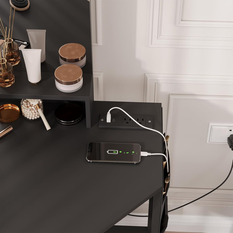 Meuble-lavabo de coin avec miroir à DEL, station de charge et tabouret, rangement pour la chambre à coucher, Noir