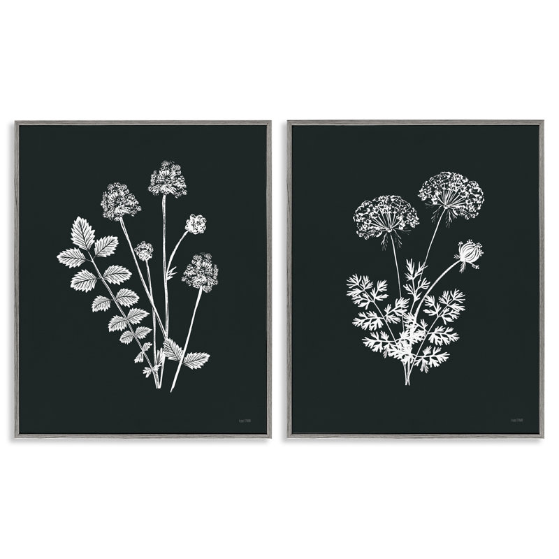 Black and White Flower Cluster 2 PC Framed Giclee Art Set by House Fenway, Farmhouse Grey Framed Giclee, 14" H x 11" W