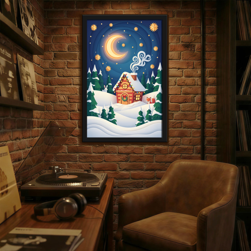 Noël, hiver, nuit, chalet, paysage enneigé, lune, étoiles, arbres, animaux, H 24 po x l 16 po