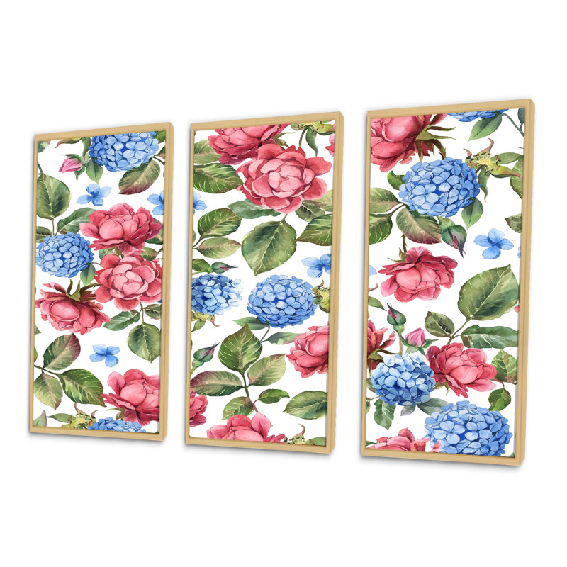 Rose rose et hortensia bleu avec feuilles sur fond blanc - reproduction de cadre flottant sur toile 3 pièces