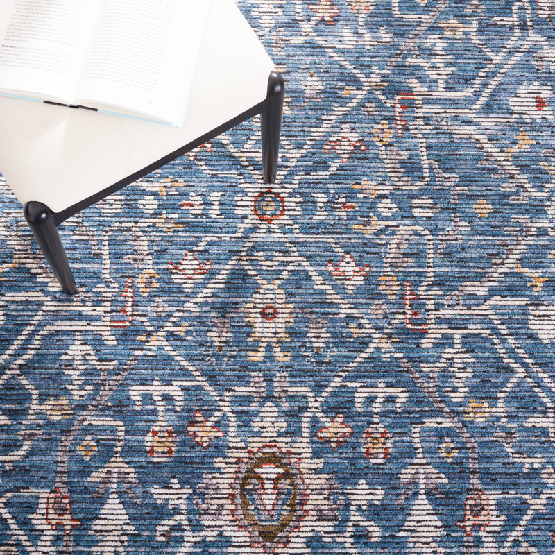 Tapis bleu / ivoire oriental tissé à la machine, Rectangle 7 pi 9 po x 10 pi 5 po