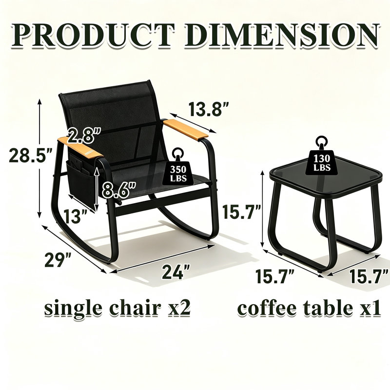 Ensemble bistro de patio composé de 3 chaises berçantes, avec table basse, structure en métal résistant aux intempéries et poche de rangement latérale, noir.