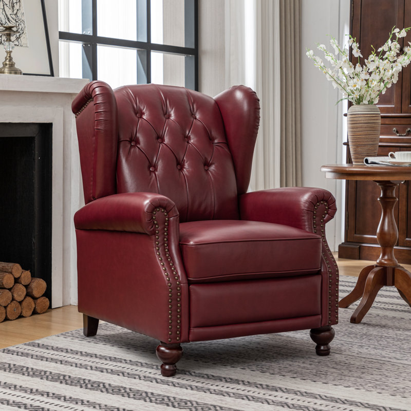 Almantas 31" Wide Genuine Leather Wing Chair Recliner, Burgundy Genuine Leather