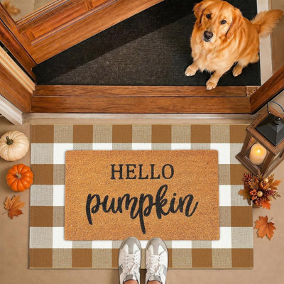 Fall Decor Door Mat Combo Set – Coco Coir Welcome Mat with Coffee and White Plaid Rug