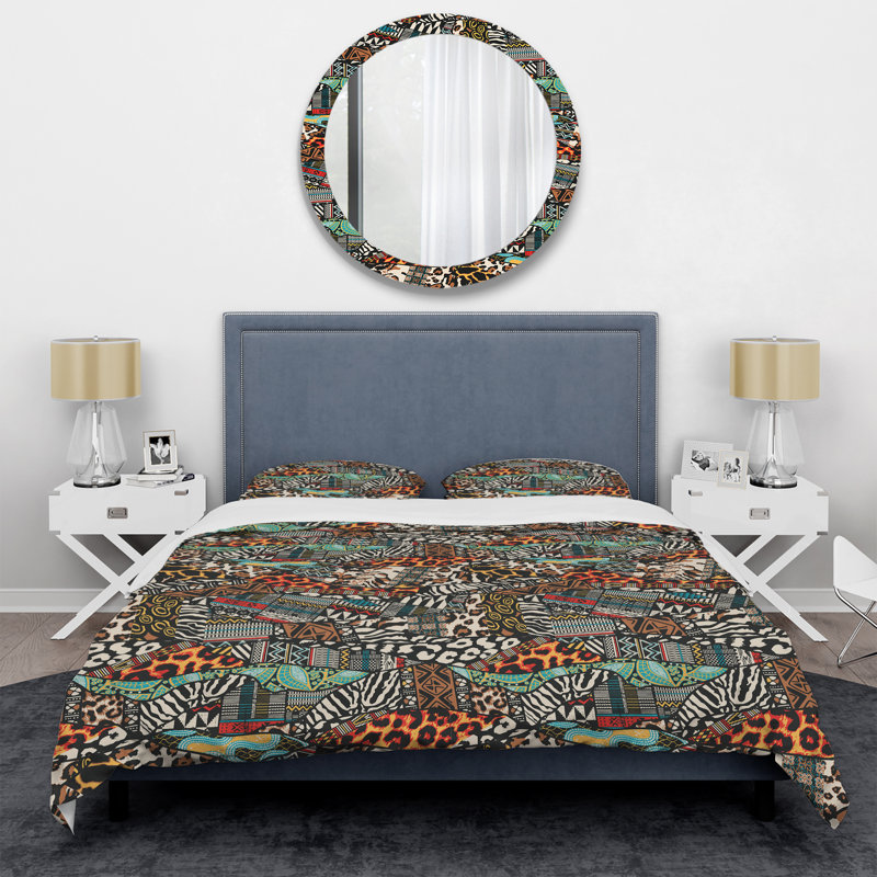 Brown African Patchwork Polyester Patchwork Duvet Cover, King Duvet Cover + 2 King Shams