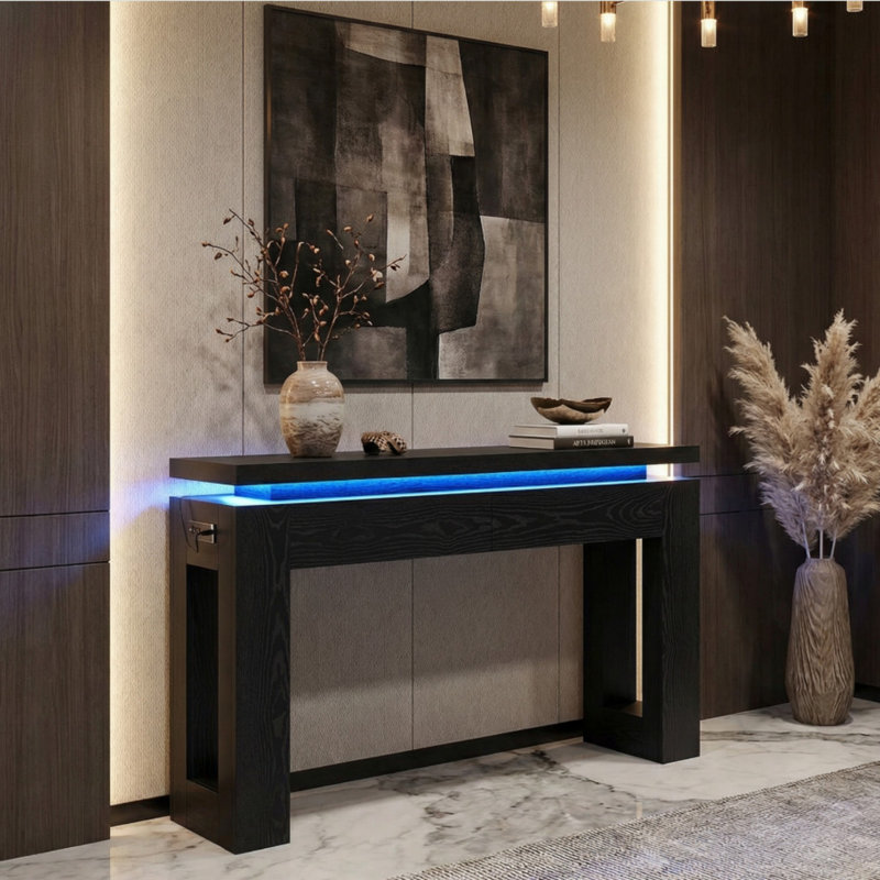 Console moderne avec lumières DEL et station de charge, canapé avec 2 tiroirs pour le vestibule, le couloir ou le salon