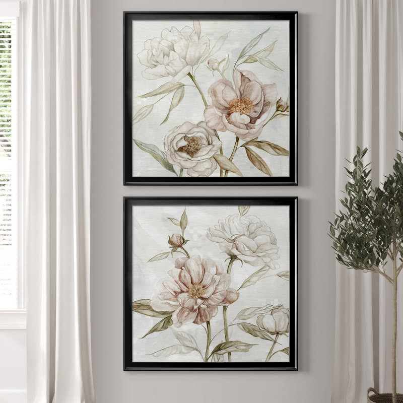 «Washed Botanical I», ensemble de 2 reproductions, Pas de tapis, H 34,5 po x l 69 po x P 1,5 po, Toile encadrée noire