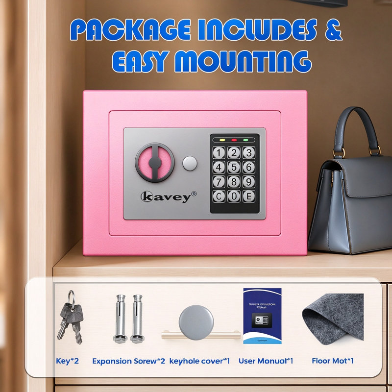 Electronic Safe Box with Key and Digital Keypad, Pink Security Lock Box, Small Home Safe 0.25 Cu Ft, Heavy Duty Solid Steel, Wall or Floor Mounted, for Money Jewelry Documents