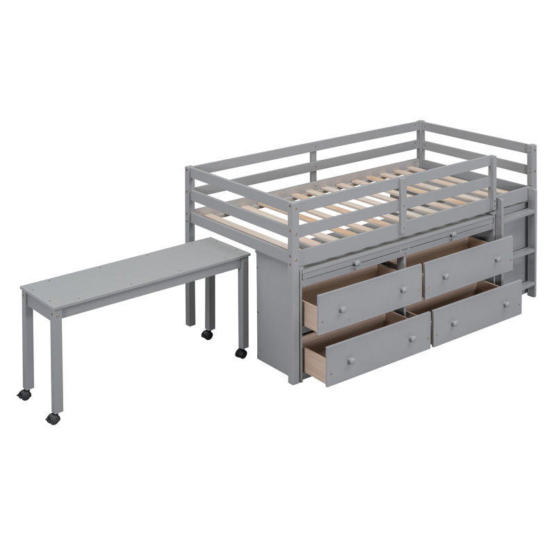 Loft Bed With Retractable Writing Desk And 4 Drawers, Wooden Loft Bed With Lateral Portable Desk And Shelves, Gray, Twin
