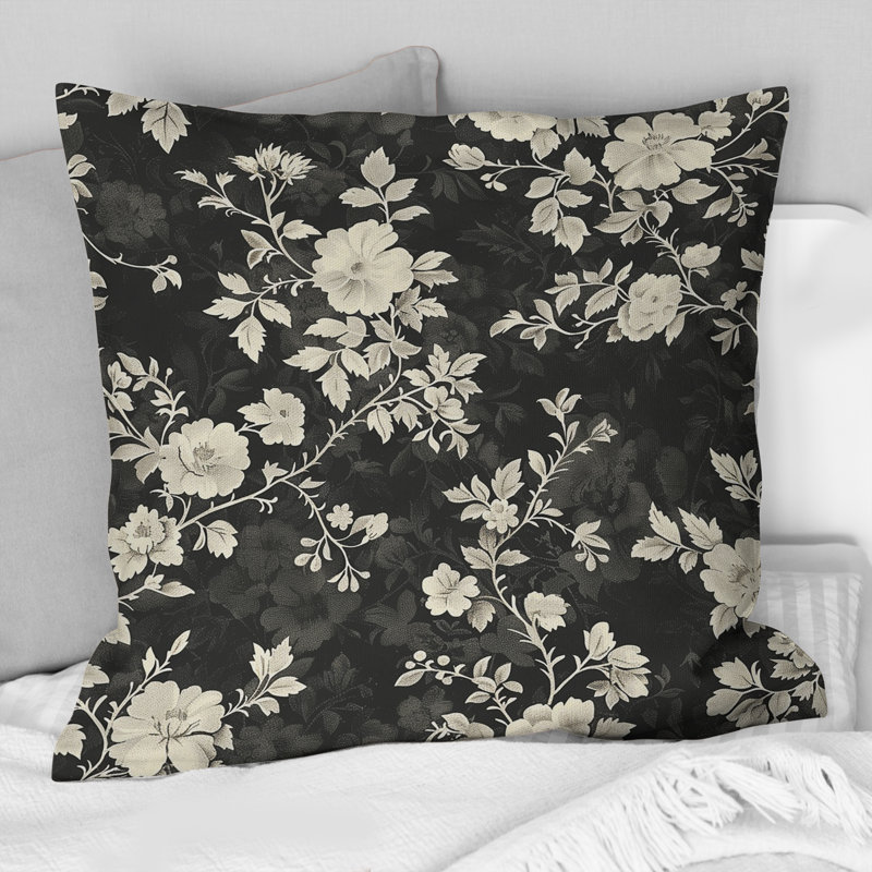 Coussin décoratif noir et blanc Country Flowers II, H 16 po x l 16 po, Carrée