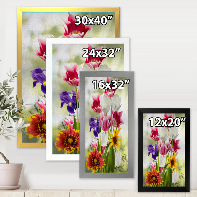 Vibrant rouge mauve et fleurs sauvages jaunes - peinture sur toile, H 32 po x l 16 po x P 1 po, Cadre photo argenté