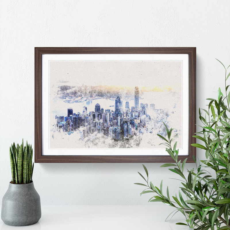 Hong Kong Skyline in China - Picture Frame Painting Print, 36cm H x 48cm W x 2cm D, Walnut Framed