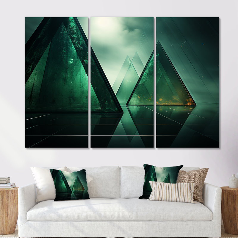 «Green Abstract Echoes Of Pyramid IV», art mural géométrique, Toile tendue, H 28 po x l 36 po x P 1 po