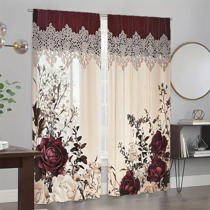 2Pcs Rose Floral Print Curtains Rod Pocket Design Light Filtering Privacy Window Treatments Vintage Elegant Lace Border Polyester Fabric Panel Drapes for Bedroom Living Room Office Home Decor Romantic Garden Style