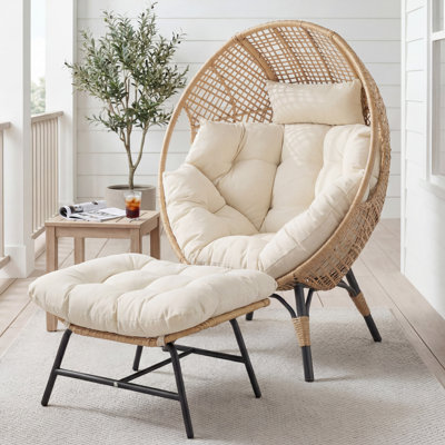 Benone Indoor/Outdoor Wicker Egg Chair Set with Ottoman, 6.5" Thick Cushions, 440-lb Capacity
