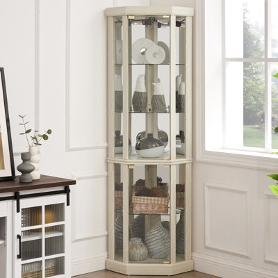 Living Room Curio Shelf, Antique White, Lighted, 150 Lbs Capacity, Practical Lighted Cabinet, Glass Doors, 64.18 Lb, Attractive Storage