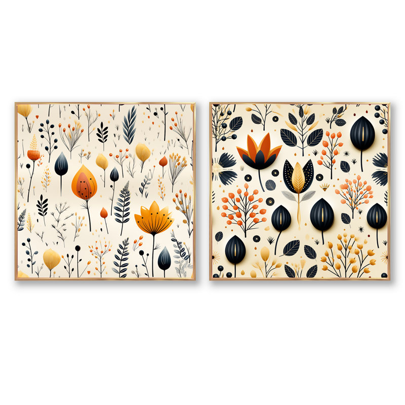 Nordique ivoire et charme floral beige - ensemble de collage abstrait botanique carré de 2, Cadre flottant doré