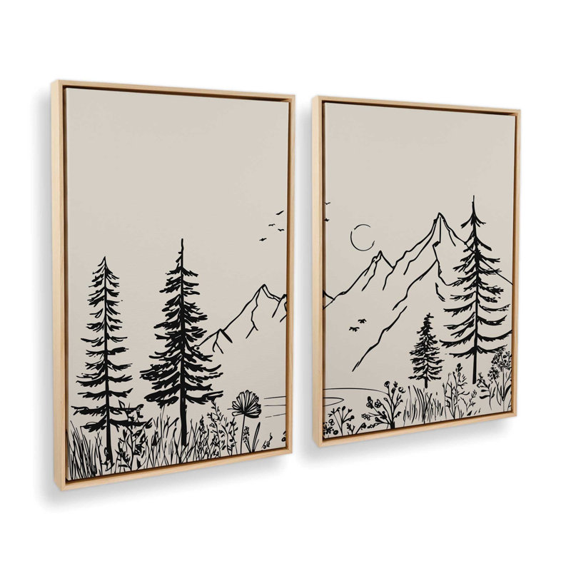 Whispering Peaks v4, ensemble de 2 impressions, 48 po x 32 po, Cadre flottant en érable américain